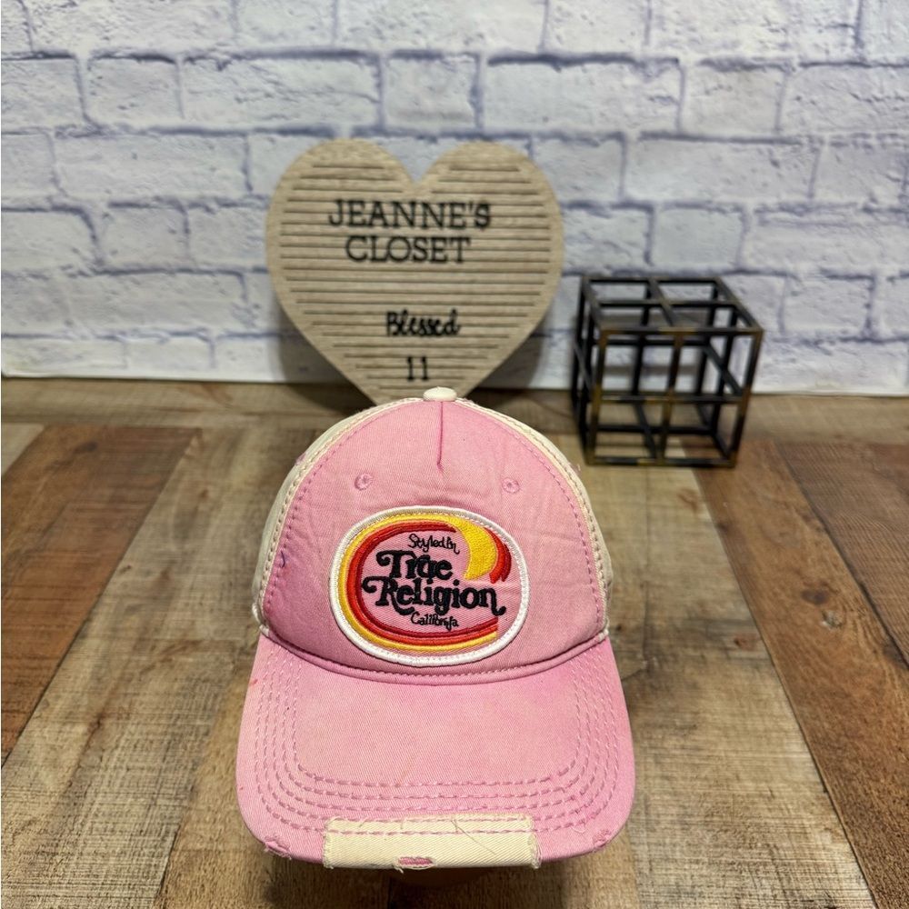 True Religion Distressed Style Strapback Trucker Baseball Cap Hat Tan pink